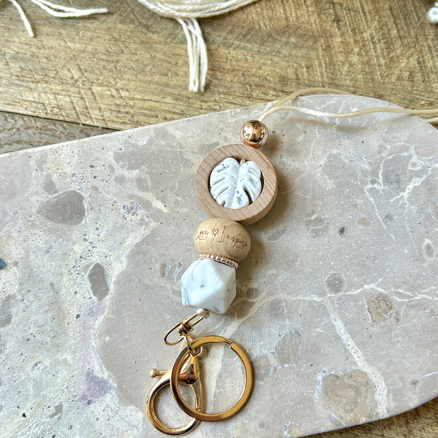 Circular Beech Wood | Granite Monstera - Silicone Lanyard
