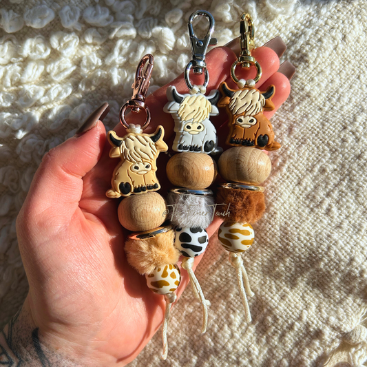 Fluffy Pom Pom Highland Cows - Keychain